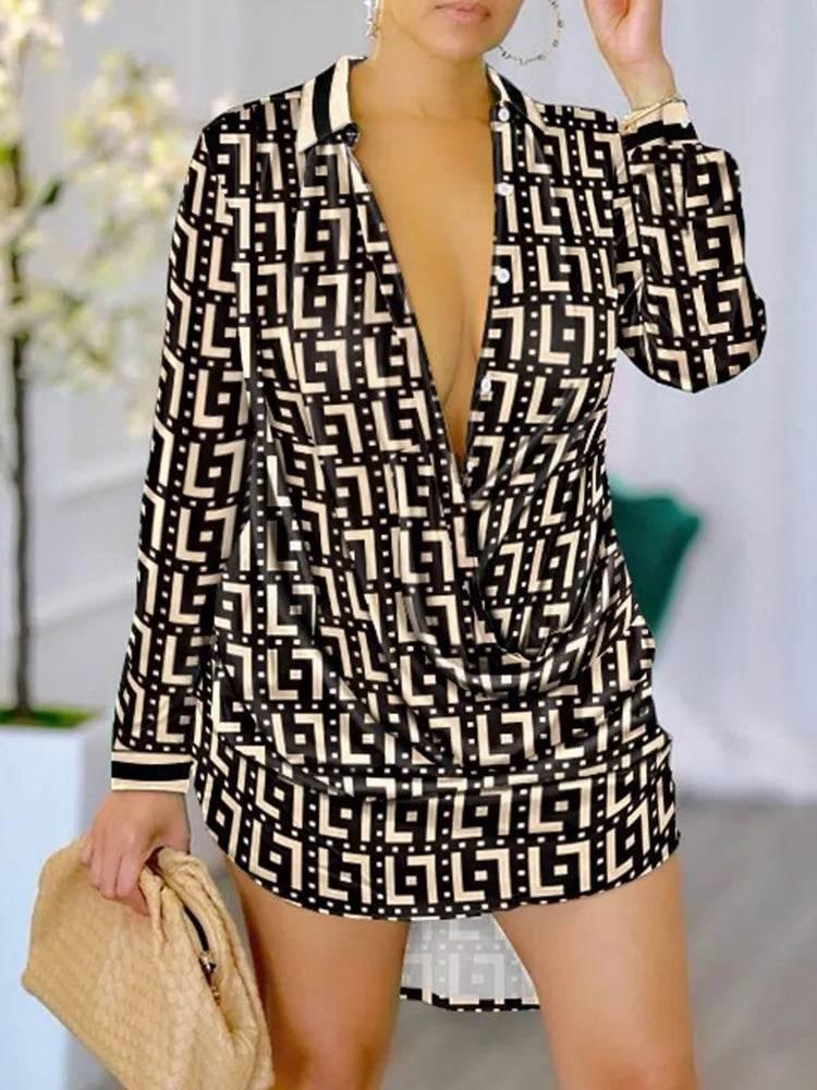 Print Long Sleeve Shirt Dress - Empire P.E