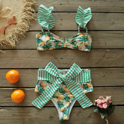 Two-Pieces Women Floral 2025 Push-Up Padded Bra Ruffles Bandage Bikini Set