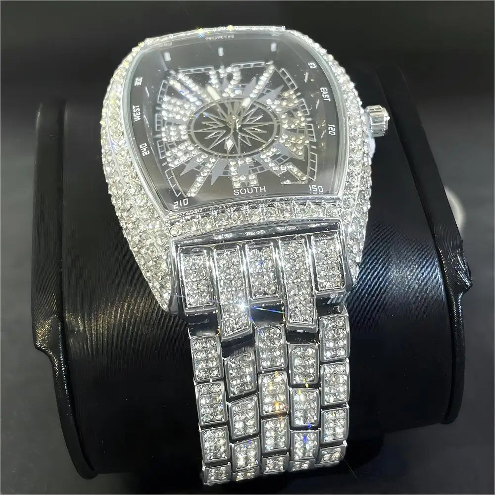Men's  lce Diamond Sun Pattern Literal Quartz Wristwatch