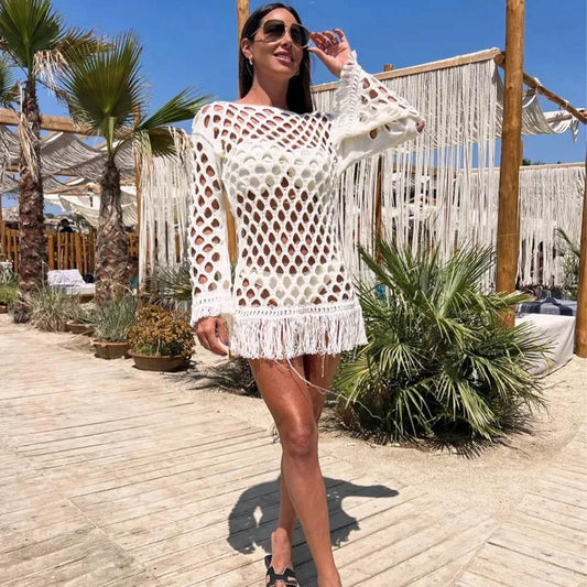 2025 New Beach Cover Up Bikini Crochet Knitted Tassel Tie Beachwear - Empire P.E