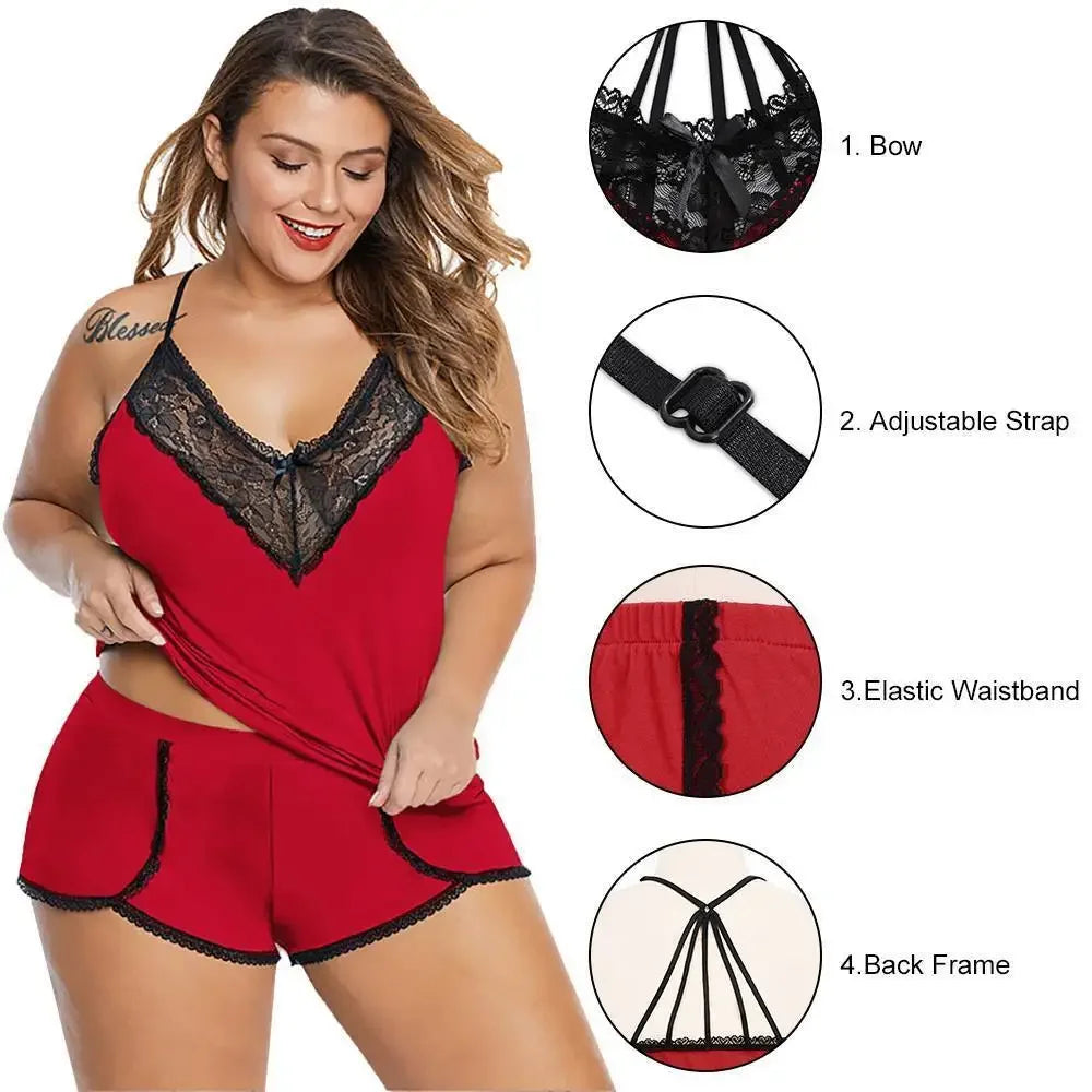 Plus Size Lace Camisole Tops+Short Pants - Empire P.E