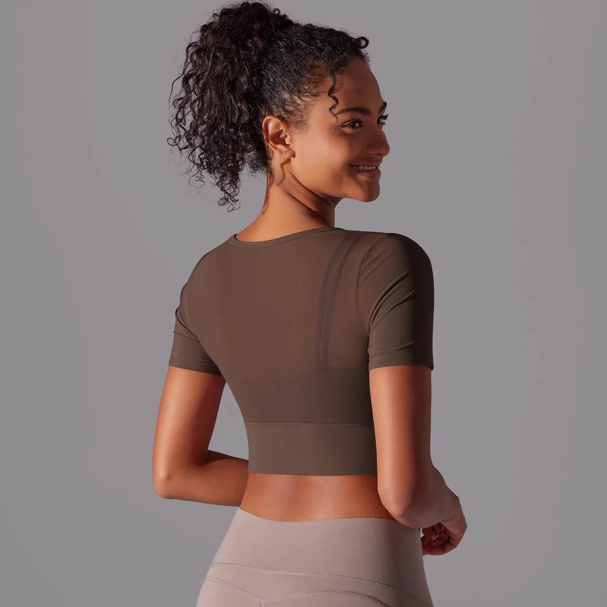 Solid Color Yoga Short Sleeve Sexy Double Layer Yoga Tank Top Spliced Mesh Yoga Clothing Top Fitness Running Sports Bra Women - Empire P.E