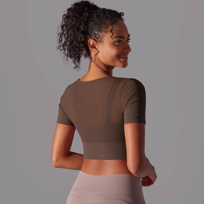 Solid Color Yoga Short Sleeve Sexy Double Layer Yoga Tank Top Spliced Mesh Yoga Clothing Top Fitness Running Sports Bra Women - Empire P.E