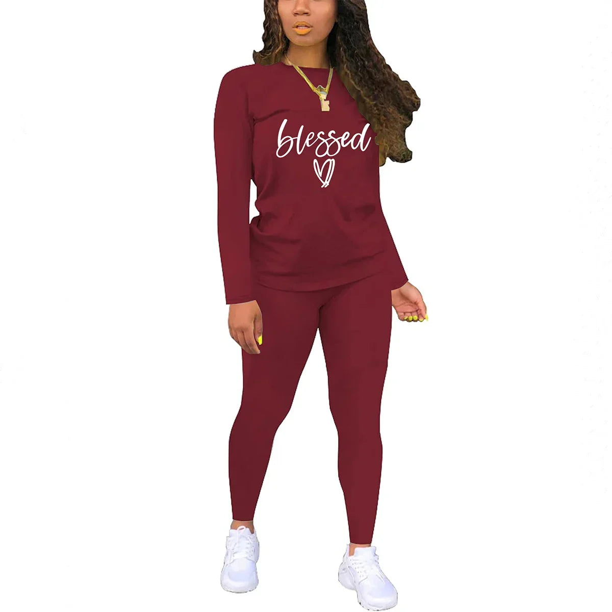 Women's long sleeved round neck blessing printed T-shirt and tight pants - Empire P.E