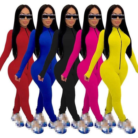 Sexy Solid Color Long Sleeve Deep V Bodycon Rompers Womens Jumpsuit Sport Suit Fashion Zip Up Long Pants Overalls Fitness Set - Empire P.E