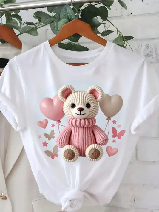 Women Teddy Bear Balloon Printed Short Sleeved T-shirt - Empire P.E