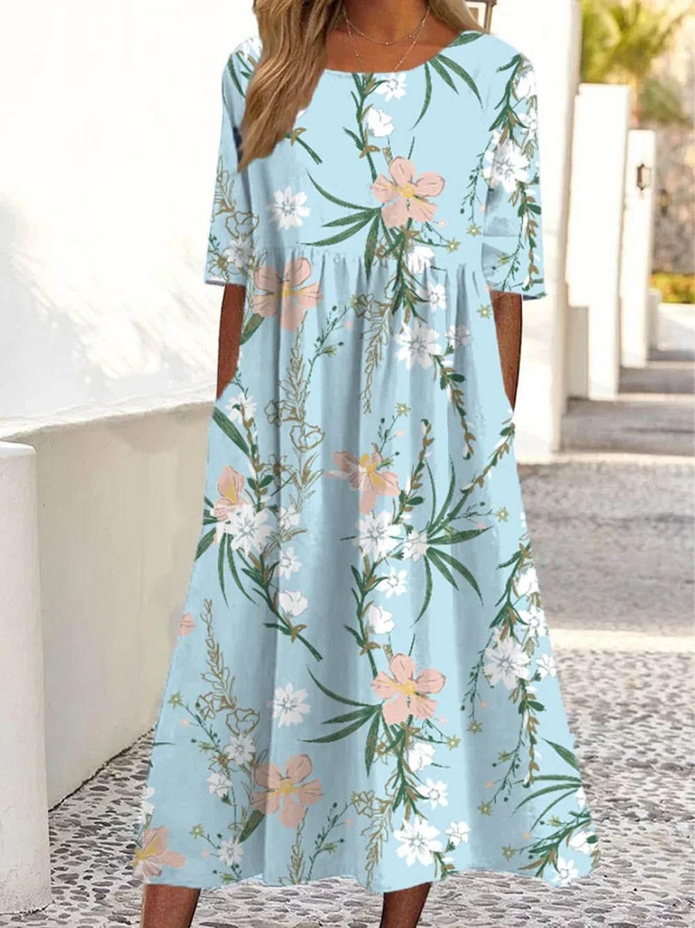 2024 women's fashion loose floral print round neck short sleeve pocket dress - Empire P.E