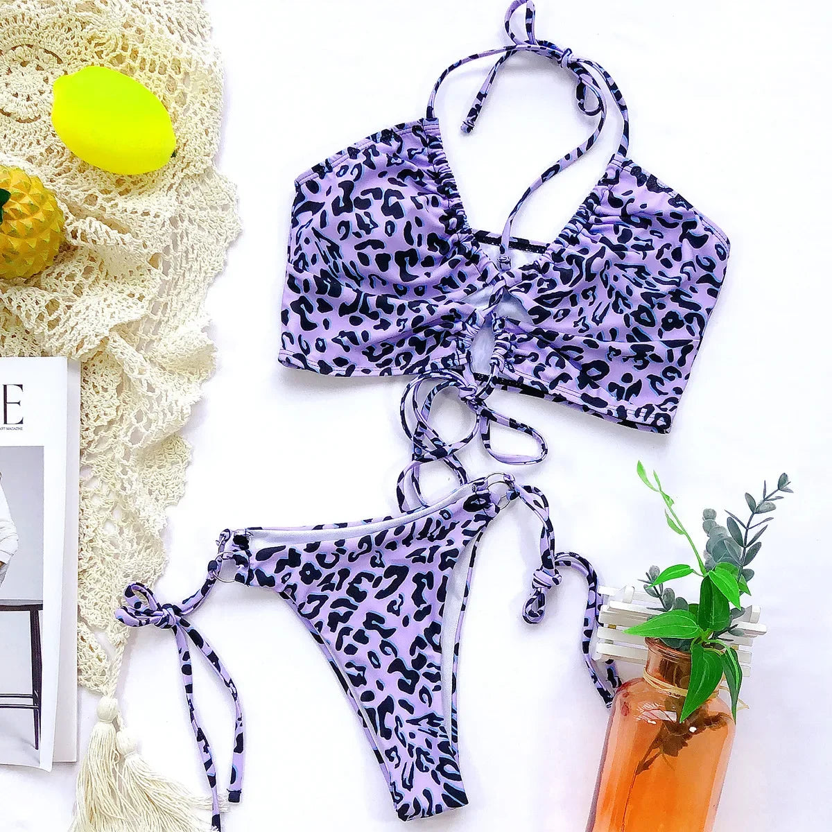 Sexy  Leopard Push Up Drawstring Bikini Set