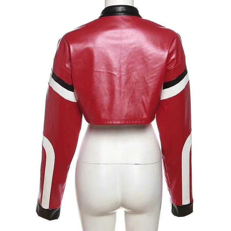 Streetwear Fashion Women Faux Leather New Jacket Letter Print Autumn Casual Sporty Wild Streetwear Uniform Trend Lady Crop Coat - Empire P.E