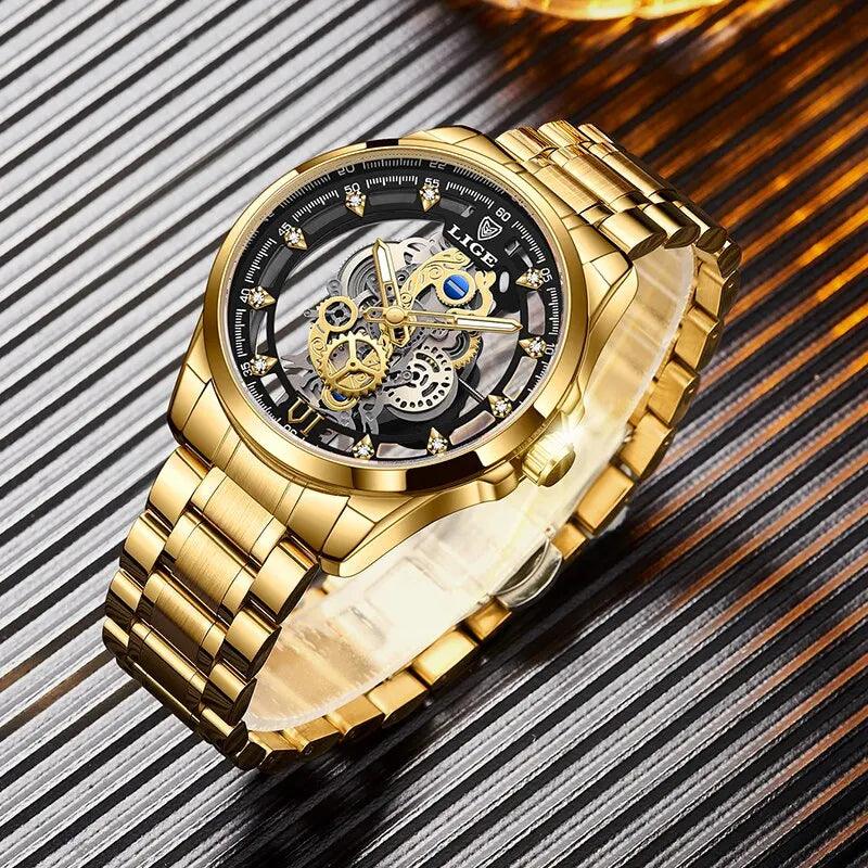 LIGE New Men Watch Skeleton Quartz Wristwatch Gold - Empire P.E