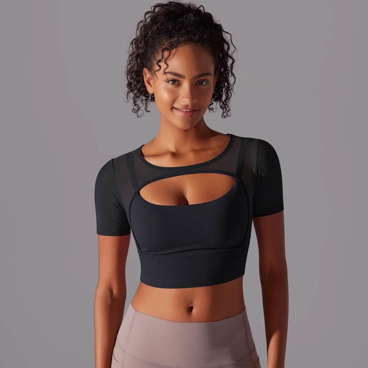 Solid Color Yoga Short Sleeve Sexy Double Layer Yoga Tank Top Spliced Mesh Yoga Clothing Top Fitness Running Sports Bra Women - Empire P.E