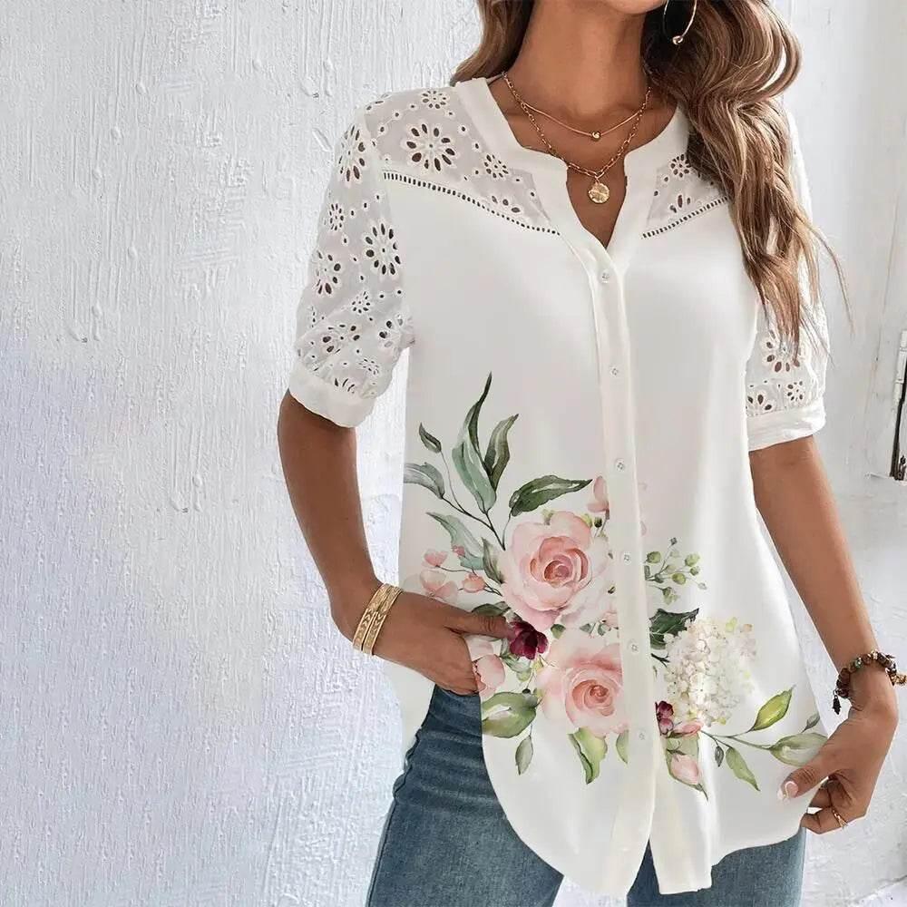 Temperament Casual Lace Woman Shirt Fashion Loose Shirt Woman Elegant Short Sleeve Blouse Holiday Weekend - Empire P.E