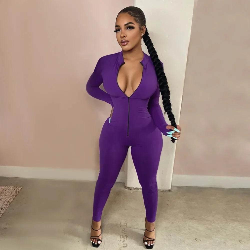 Sexy Solid Color Long Sleeve Deep V Bodycon Rompers Womens Jumpsuit Sport Suit Fashion Zip Up Long Pants Overalls Fitness Set - Empire P.E