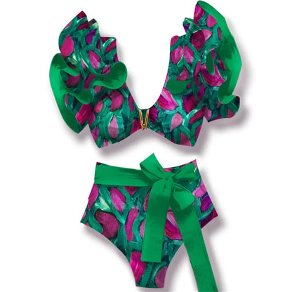 Two-Pieces Women Floral 2025 Push-Up Padded Bra Ruffles Bandage Bikini Set
