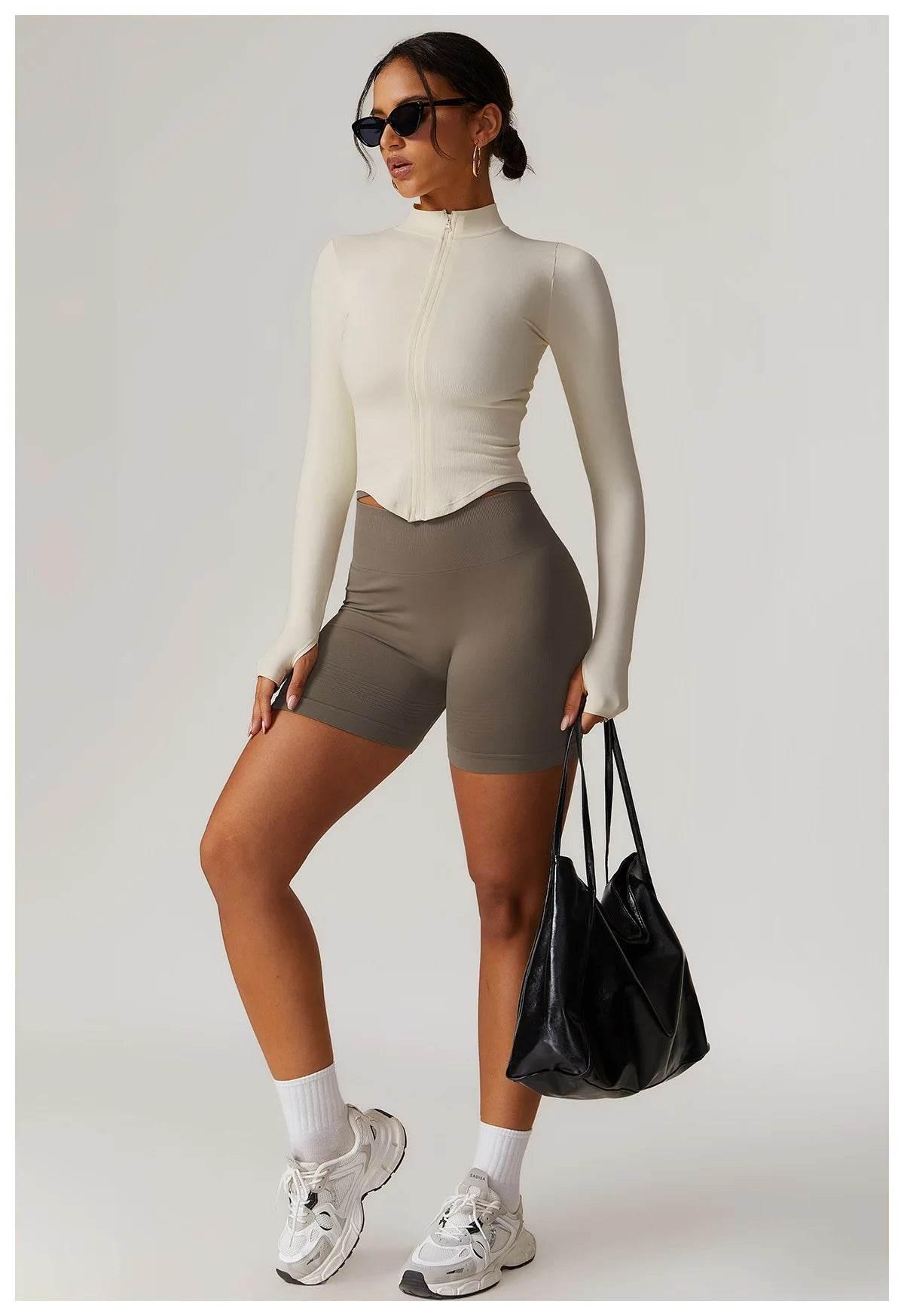 Women Seamless Zipper Jacket Yoga Long Sleeved Gym Top Ribbed Yoga Stand Collar Jacket Running Workout Sport Coat Women's Shirts - Empire P.E