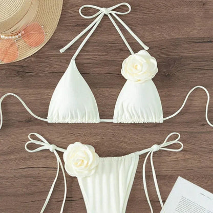 Sexy 3D Flowers Halter Strappy Bikini Swimsuit Two-pieces Bikini Set - Empire P.E