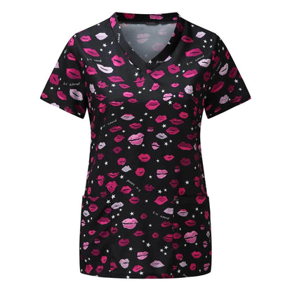 Ladies Nurse Uniform Short Sleeve V-neck Workwear Flower Print Working Uniform - Empire P.E