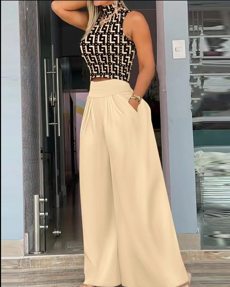 Fashionable Printed Wide-leg Trousers Two-piece Suit - Empire P.E