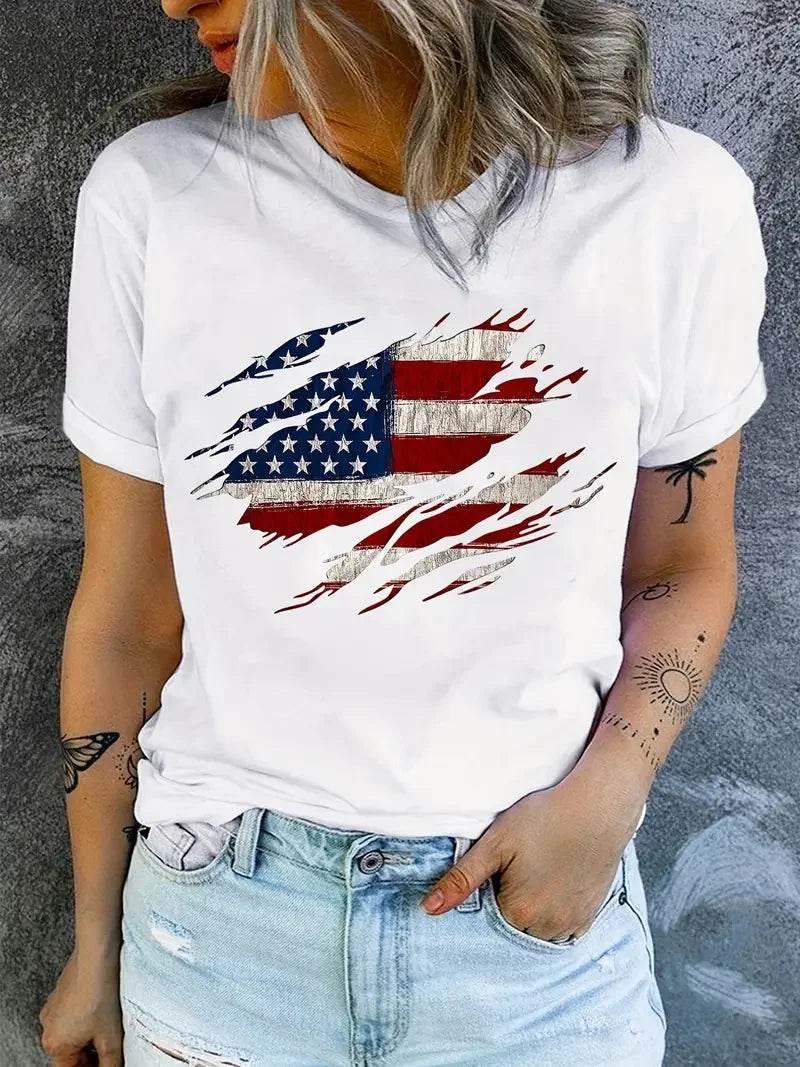American Flag Print T-Shirt, Independence Day Short Sleeve Crew Neck Casual Top For Summer & Spring, Women's Clothing - Empire P.E