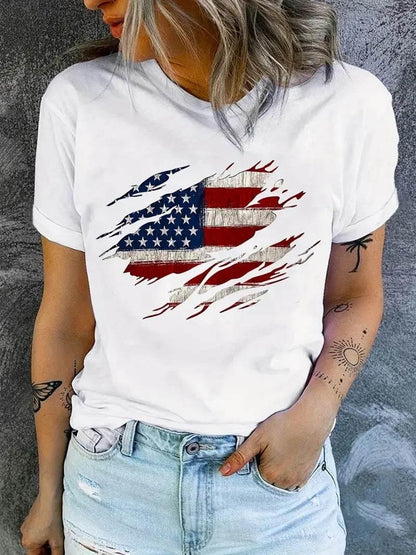 American Flag Print T-Shirt, Independence Day Short Sleeve Crew Neck Casual Top For Summer & Spring, Women's Clothing - Empire P.E