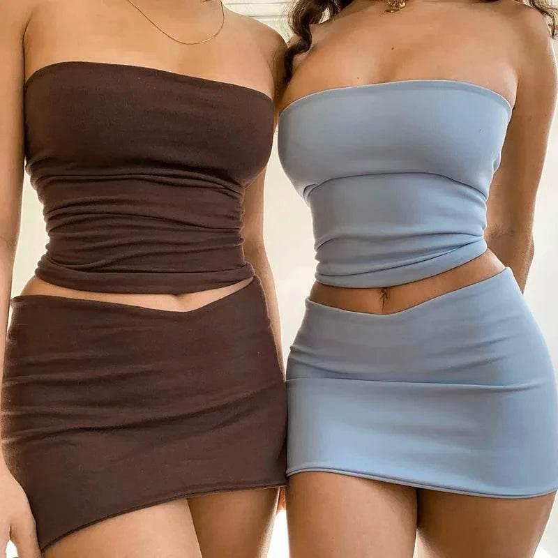 Hawthaw Women 2024 Summer Tube Tops Mini Skirts Party Club Two Piece Matching Sets Vacation Outfits Wholesale Items For Business - Empire P.E