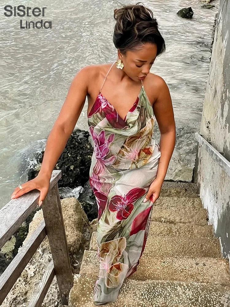 Sisterlinda Autumn Release Junior Ankle-Length Sexy High Street Dress K24D57158Girl Printing Slim Cleavage Backless Fashion Robe - Empire P.E