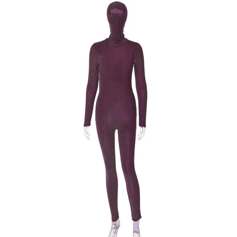 Sequins Silk Jumpsuits With Headwear 2024 Autumn Women Sexy Turtleneck Backless Long Sleeve Skinny Overalls Party Club Rompers - Empire P.E