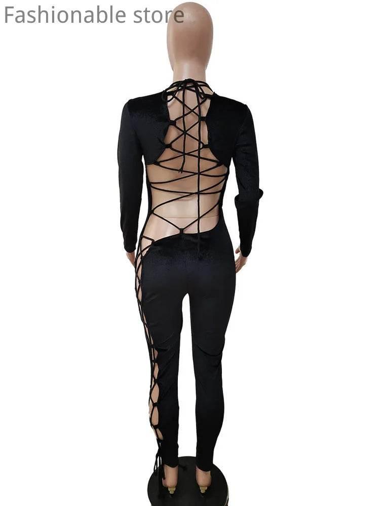 Women Sexy Velvet Lace-up Long Sleeve Backless Skinny Jumpsuit - Empire P.E