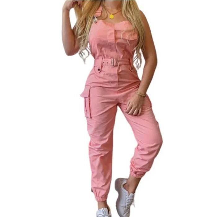 Autumn Women's Clothing Bodysuit Jumpsuit 2023 Simple Zipper Cargo High Waisted Conjoined Body Pants Sleeveless Strap Trousers - Empire P.E