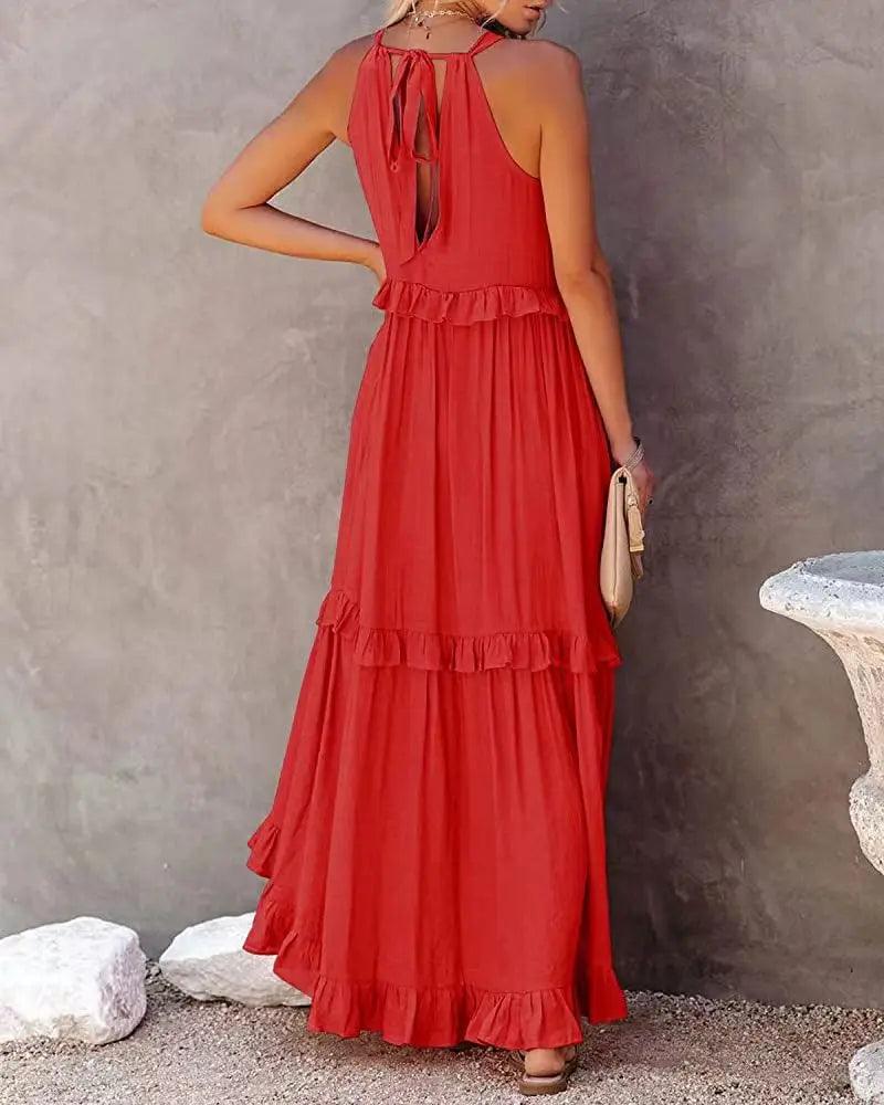 Women Casual Solid Ruffles Long Dress - Empire P.E