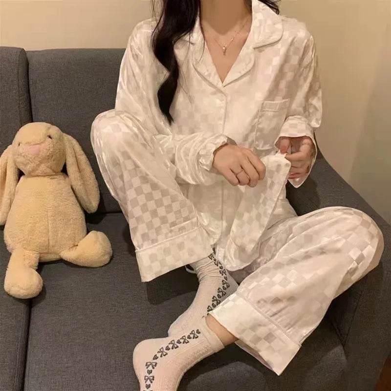 Plus Size Women Pajamas Set Long Sleeves Girl Home Wear Two-Piece Cardigan Solid Plaid Sleepwear Sexy Nightwear Autumn Winter - Empire P.E