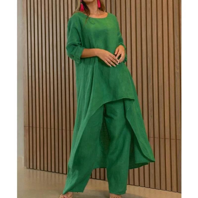 Women's Cotton Linen Long Pants Sets Fashion Solid Casual Irregular Tops Wide Leg Pant Suits Office Lady Two Piece Sets Clothes - Empire P.E