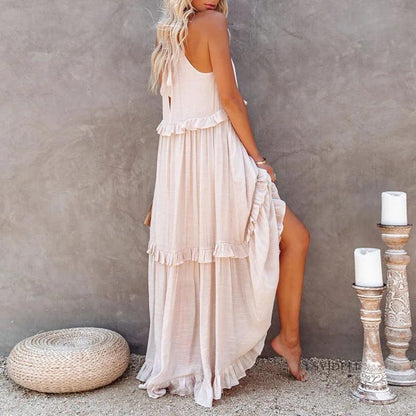 Women Casual Solid Ruffles Long Dress - Empire P.E