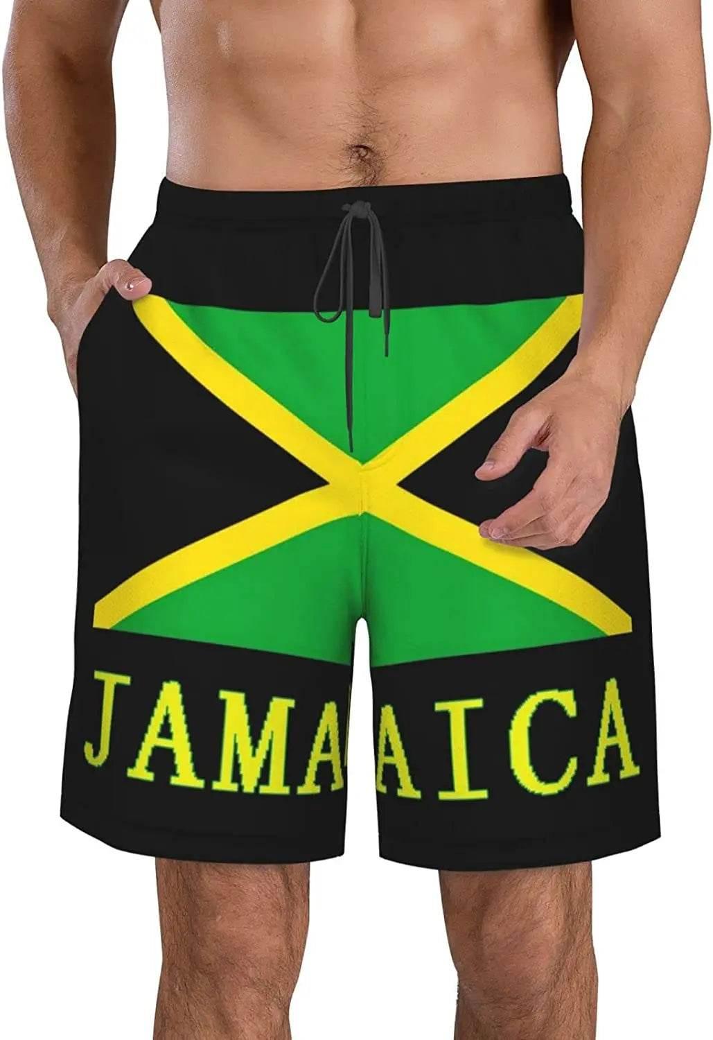 Jamaican Flag Mens Beach Shorts Swimming Trunks Board Shorts Elastic Waist with Pocket - Empire P.E