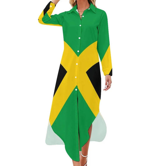 Patriotic Jamaica Flag Chiffon Dress Sexy V Neck Green Yellow Pretty Dresses Ladies Street Wear Casual Dress Gift - Empire P.E