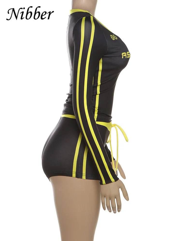 Nibber Women Tracksuit 2 Piece Set Stroke Tight Hipster Letter Print Sporty Casual Crop Tops+Shorts Vitality Matching Outfits - Empire P.E
