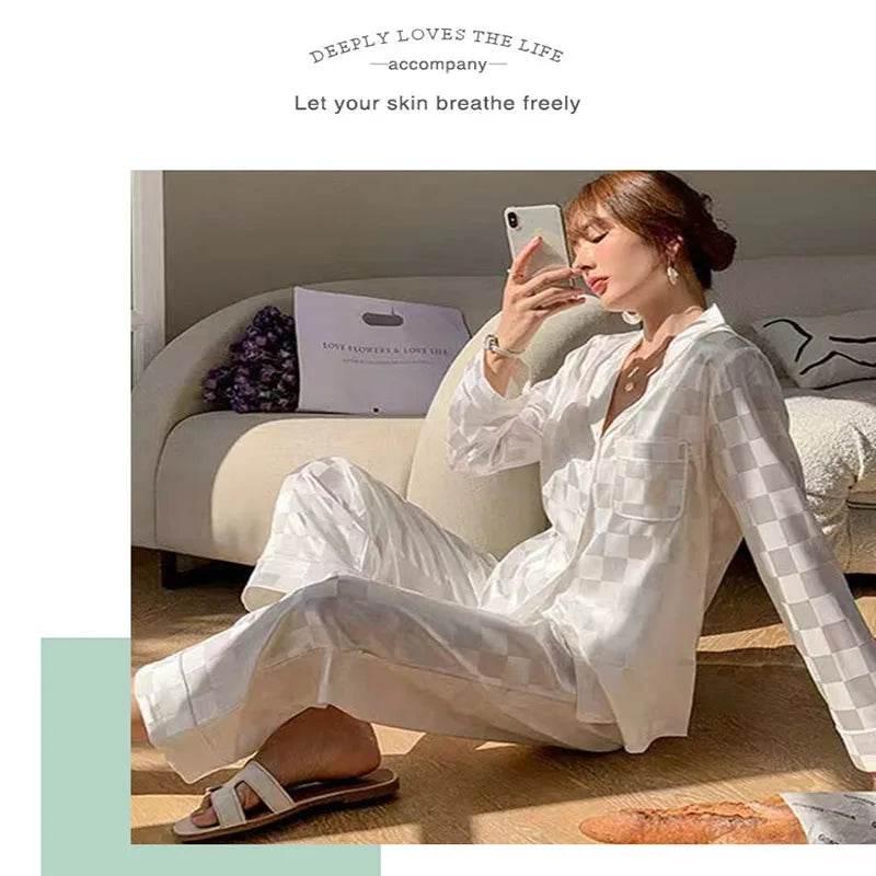 Plus Size Women Pajamas Set Long Sleeves Girl Home Wear Two-Piece Cardigan Solid Plaid Sleepwear Sexy Nightwear Autumn Winter - Empire P.E
