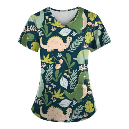 Print Ladies Nurse Uniform Short Sleeve V-Neck Scrub Tops - Empire P.E