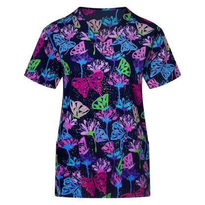 Ladies Nurse Uniform Short Sleeve V-neck Workwear Flower Print Working Uniform - Empire P.E