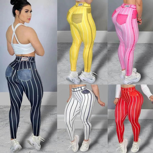 Women High Waist Sports Leggings Stripe Print Stretchable Yoga Pants Sexy Tight Fitness Workout Gym Push Up Causal Pant - Empire P.E