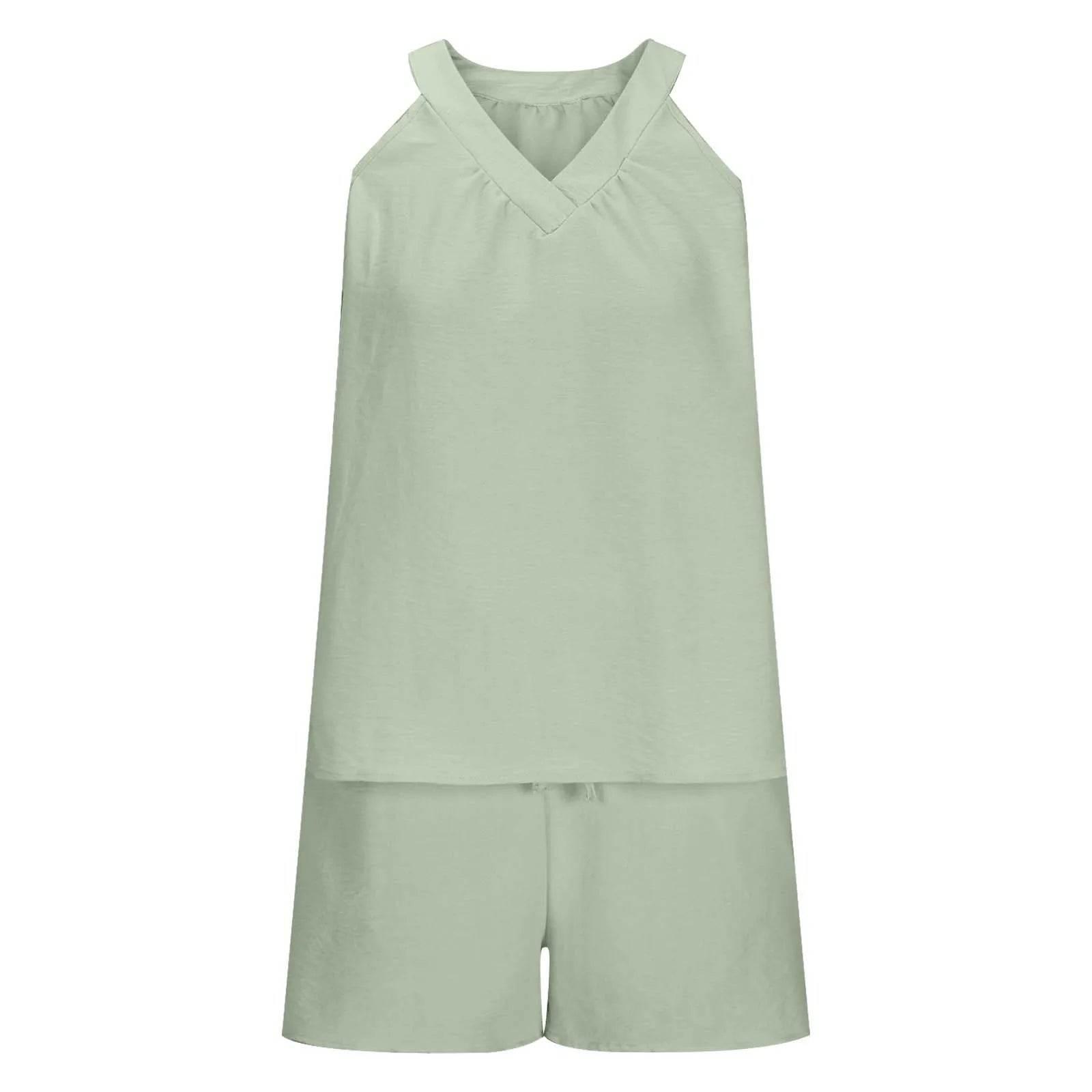 Women'S Summer Casual Suit New Urban Casual Women'S Solid Color Sleeveless Vest Elastic Shorts Home Clothes Two-Piece Set - Empire P.E
