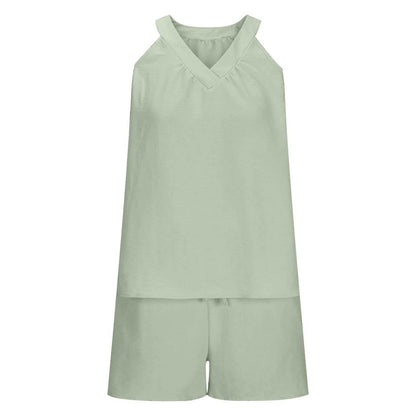 Women'S Summer Casual Suit New Urban Casual Women'S Solid Color Sleeveless Vest Elastic Shorts Home Clothes Two-Piece Set - Empire P.E