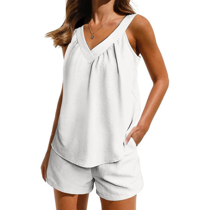 Women'S Summer Casual Suit New Urban Casual Women'S Solid Color Sleeveless Vest Elastic Shorts Home Clothes Two-Piece Set - Empire P.E