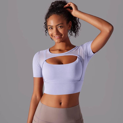 Solid Color Yoga Short Sleeve Sexy Double Layer Yoga Tank Top Spliced Mesh Yoga Clothing Top Fitness Running Sports Bra Women - Empire P.E