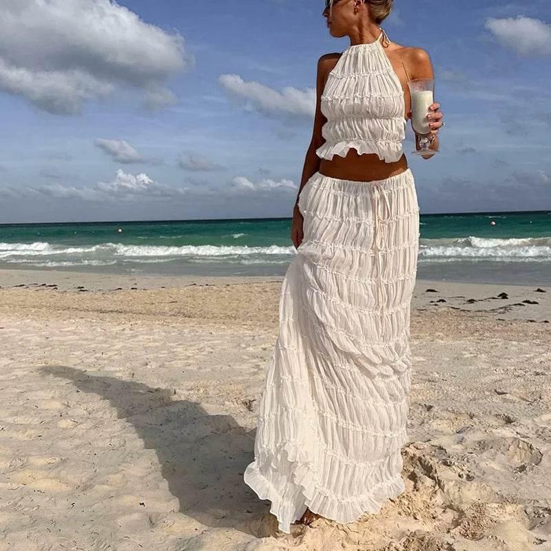 Women Boho Sexy Backless Matching Suit 2 Piece Beach Holiday Outfits Vintage Ruched Halter Cami Tops + Maxi Long Skirt Party - Empire P.E