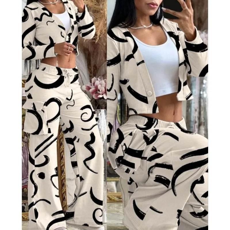 Spring Autumn Solid Slim Suit Women Long Sleeve Single Button V-neck Short Coat Drawstring Mid Waist Pocket Wide-Leg Pants Suit - Empire P.E