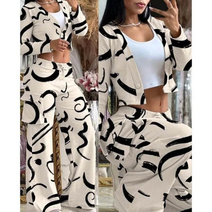Spring Autumn Solid Slim Suit Women Long Sleeve Single Button V-neck Short Coat Drawstring Mid Waist Pocket Wide-Leg Pants Suit - Empire P.E