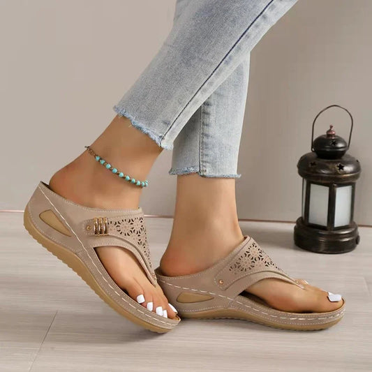 Summer Women's Wedge Sandals 2023 Clip Toe Orthopedic Arch Support Sandals Woman Pu Leather Non-Slip Soft Platform Flip Flops - Empire P.E
