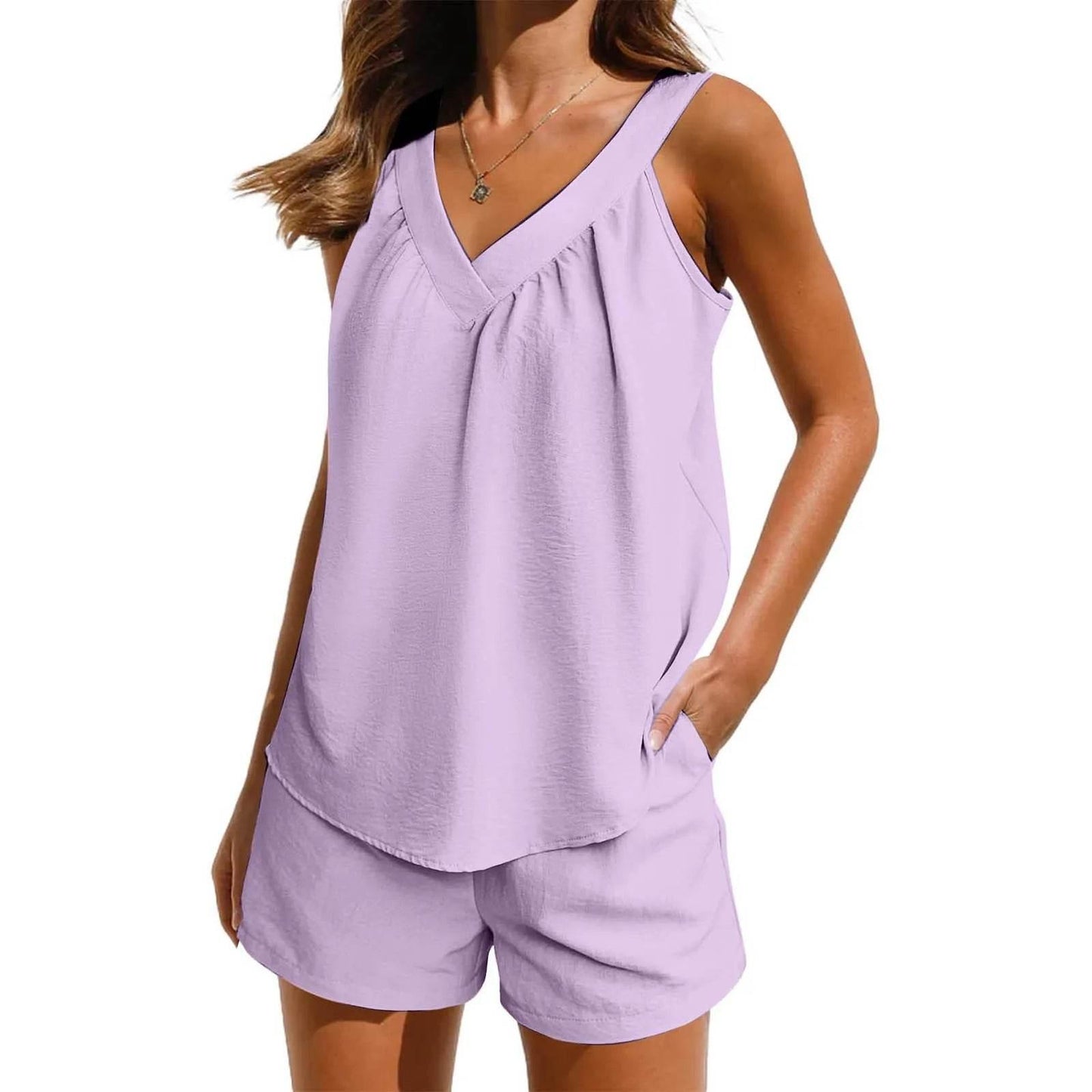 Women'S Summer Casual Suit New Urban Casual Women'S Solid Color Sleeveless Vest Elastic Shorts Home Clothes Two-Piece Set - Empire P.E