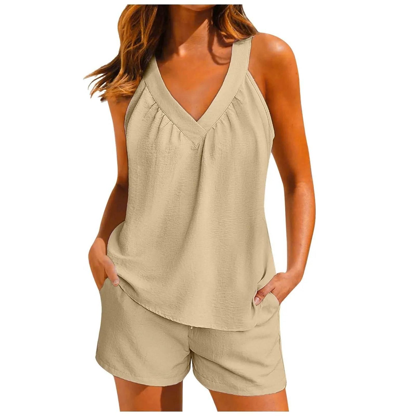 Women'S Summer Casual Suit New Urban Casual Women'S Solid Color Sleeveless Vest Elastic Shorts Home Clothes Two-Piece Set - Empire P.E